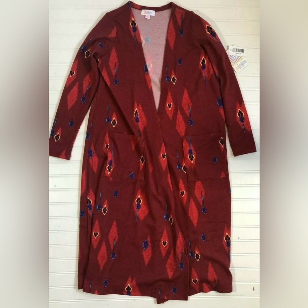 Lularoe Sarah Open Cardigan Long Duster Womens Size Small Red Aztec Print NWT